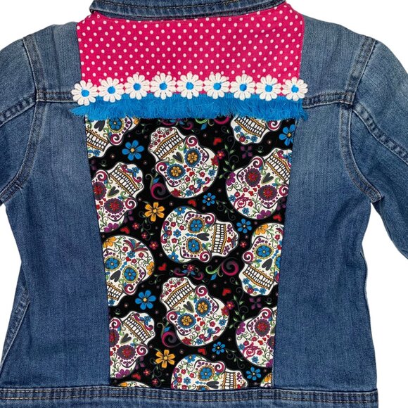 Tractor Denim Jacket Sugar Skull Jean Pink Black Day Dead Trucker Girls Large - Picture 7 of 11